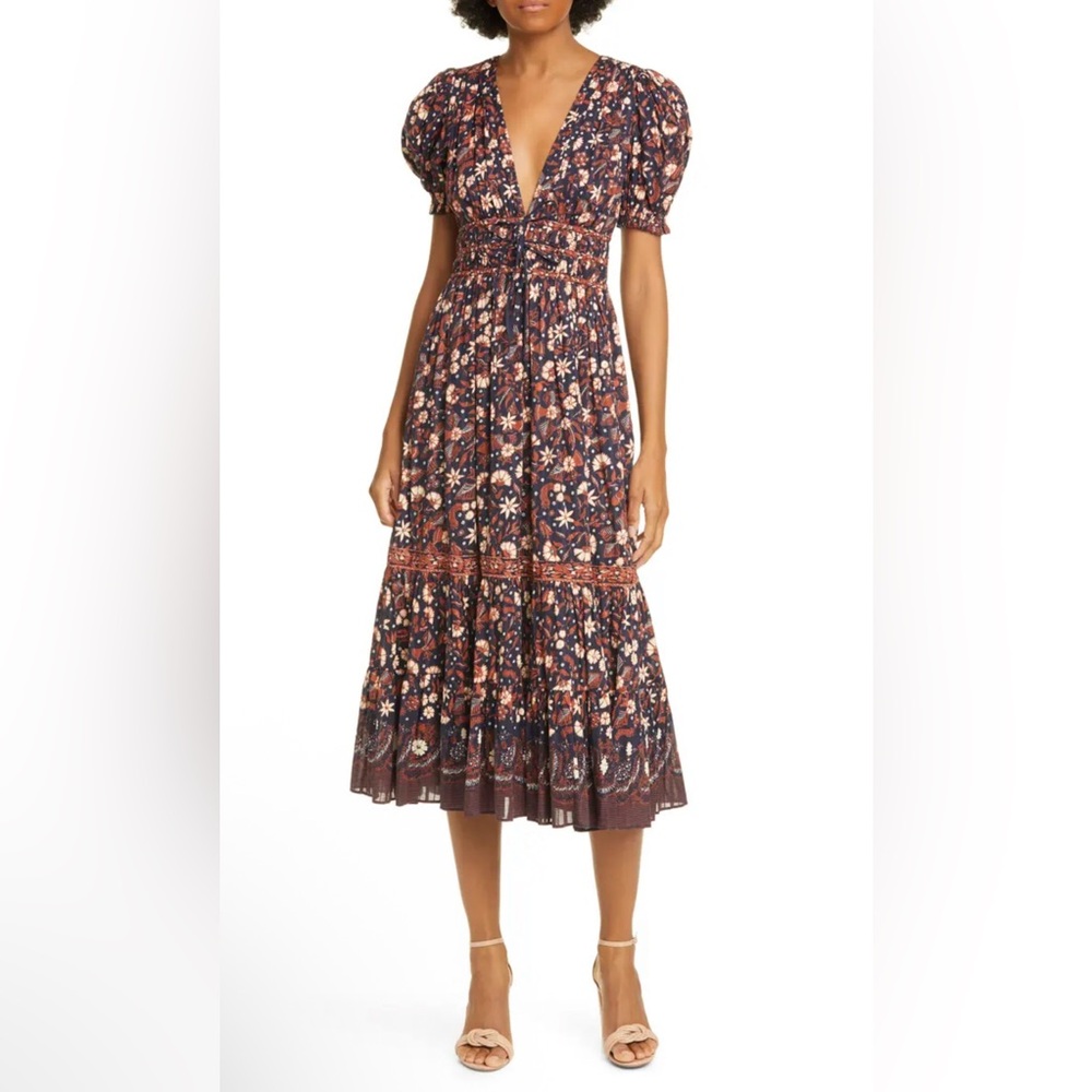 ULLA JOHNSON Zaria Cotton Midi Floral Puff Sleeve Dress Size 6 - Picture 4 of 15